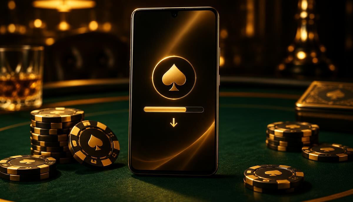 Android phone on a green casino table showing a Royal X Casino download progress bar