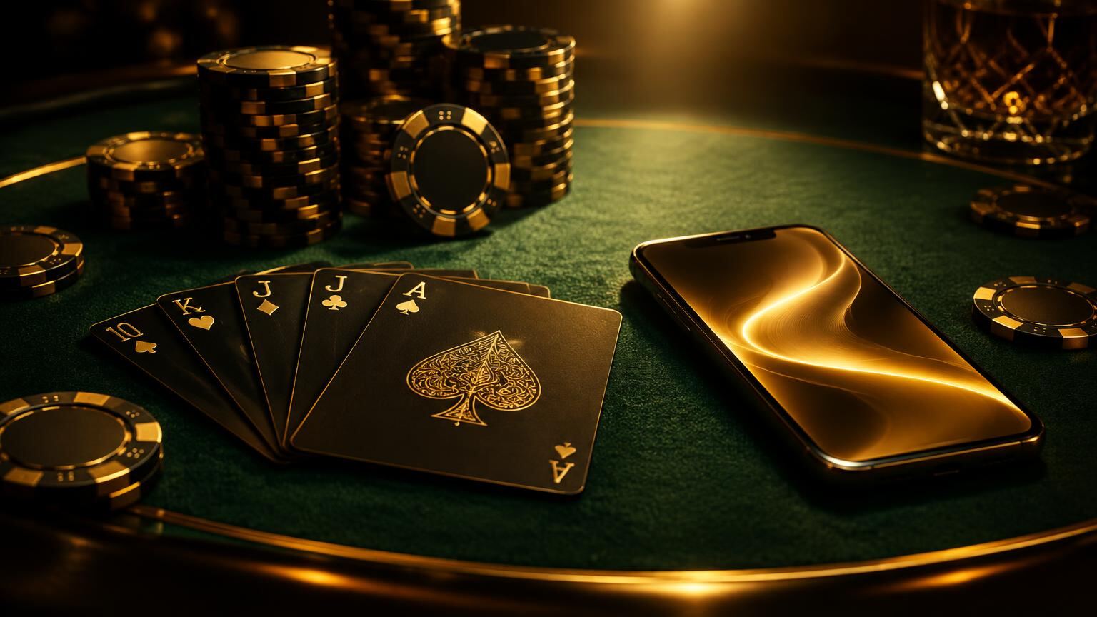 Casino table with black and gold cards and a phone
